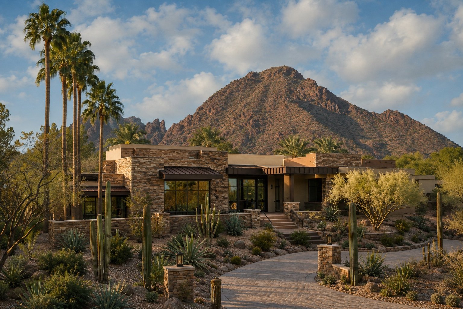 Illustrative contemporary desert home composited with the recognizable real profile of Camelback Mountain in Phoenix