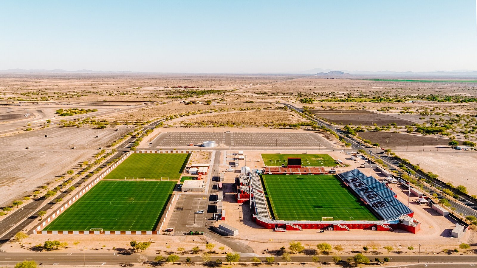 Aerial view of Phoenix Rising soccer fields and stadium in the desert