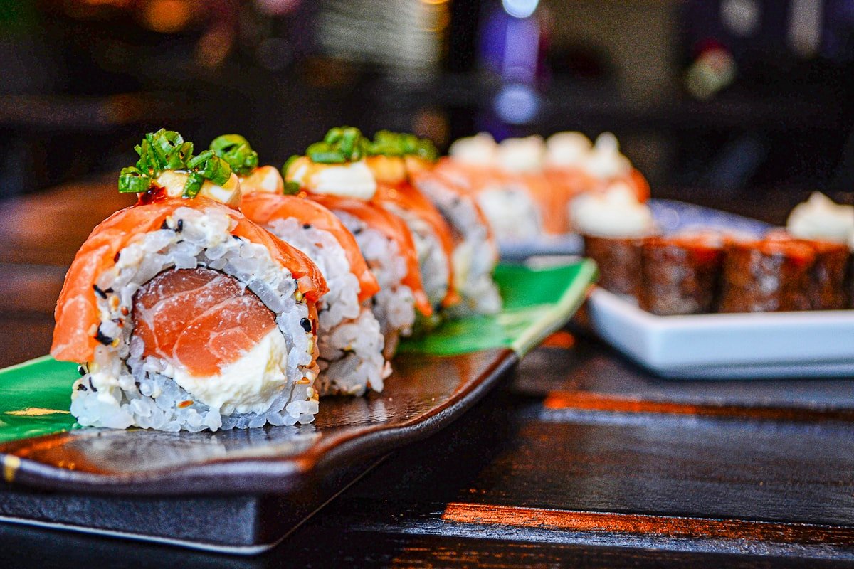Colorful sushi rolls presented at a restaurant
